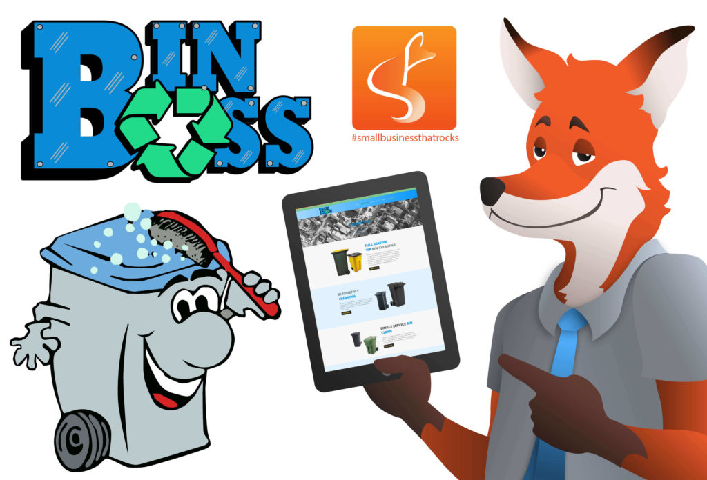 slyfox mascot holding tablet displaying bin boss website - SlyFox Web Design and Marketing