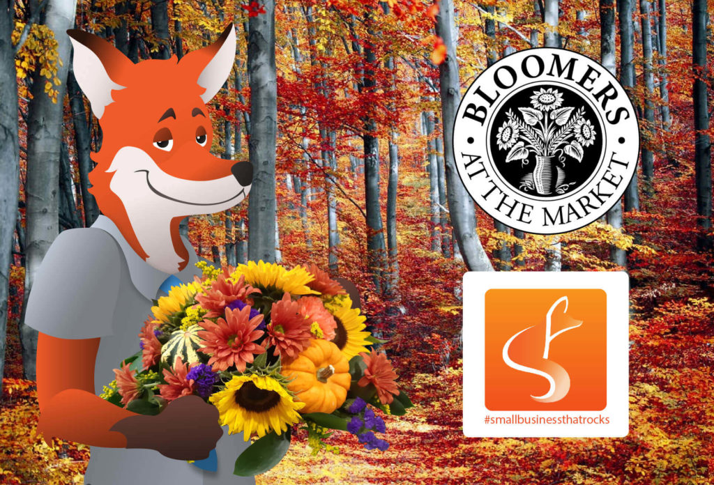 Bloomers At The Market Logo With Fox in Autumn forest holding Bouquet - SlyFox Web Design and Marketing