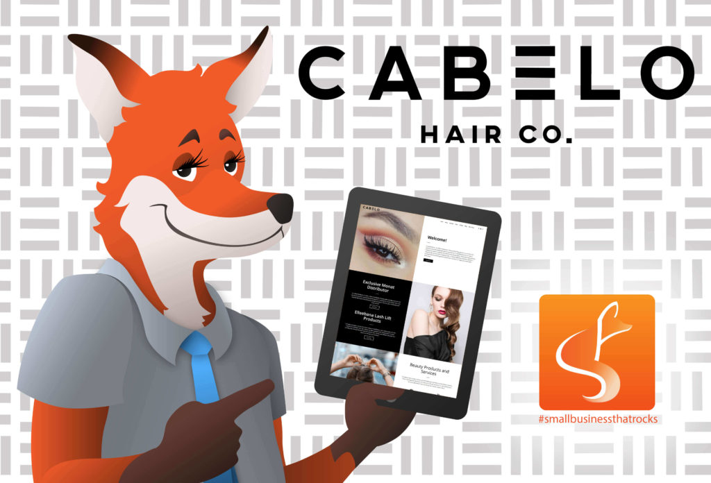 slyfox mascot holding tablet with cabelo website - SlyFox Web Design and Marketing