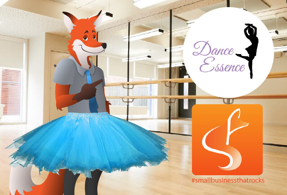 slyfox mascot wearing tutu and pointing to dance essence logo - SlyFox Web Design and Marketing