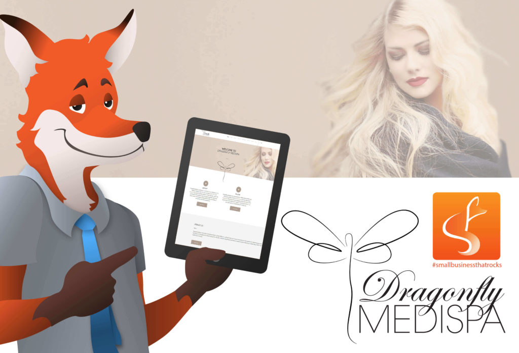 slyfox mascot holding tablet displaying dragonfly medispa webpage - SlyFox Web Design and Marketing