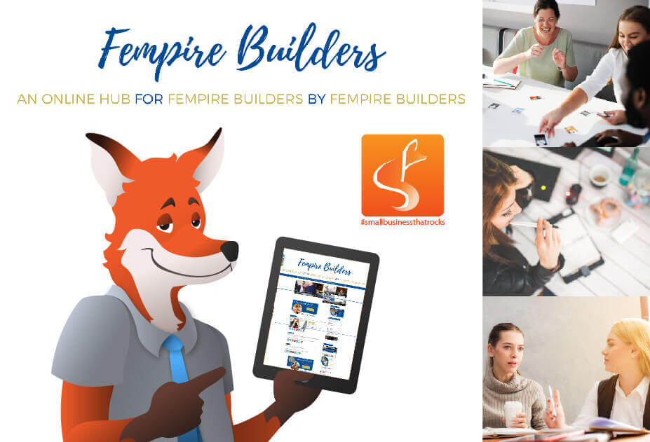 slyfox mascot holding tablet displaying fempire website - SlyFox Web Design and Marketing