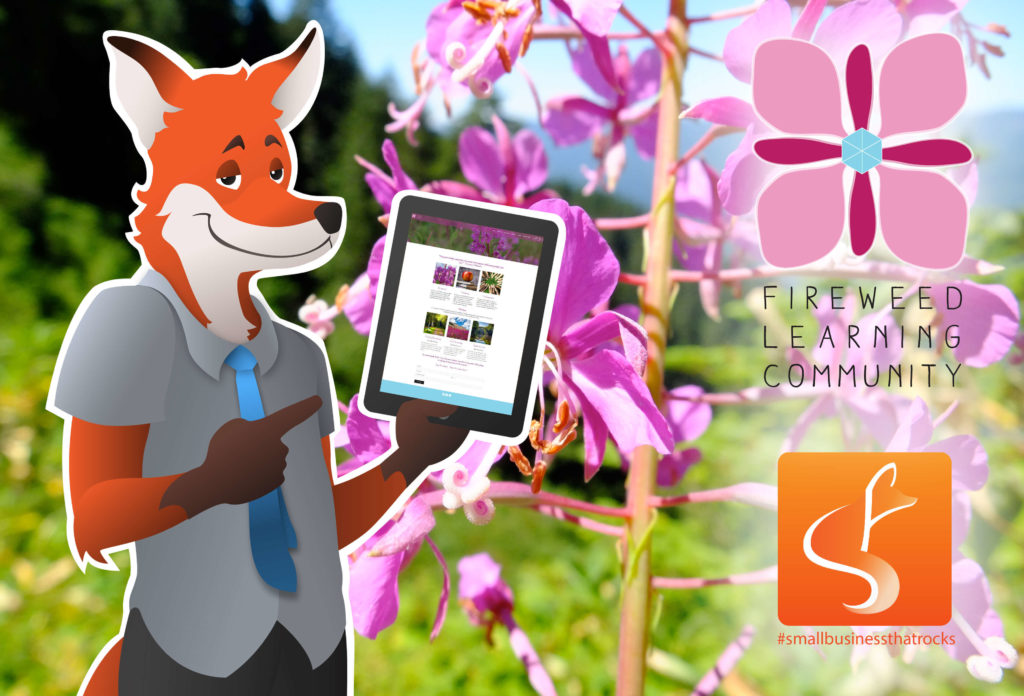 slyfox mascot holding tablet with fireweed website - SlyFox Web Design and Marketing