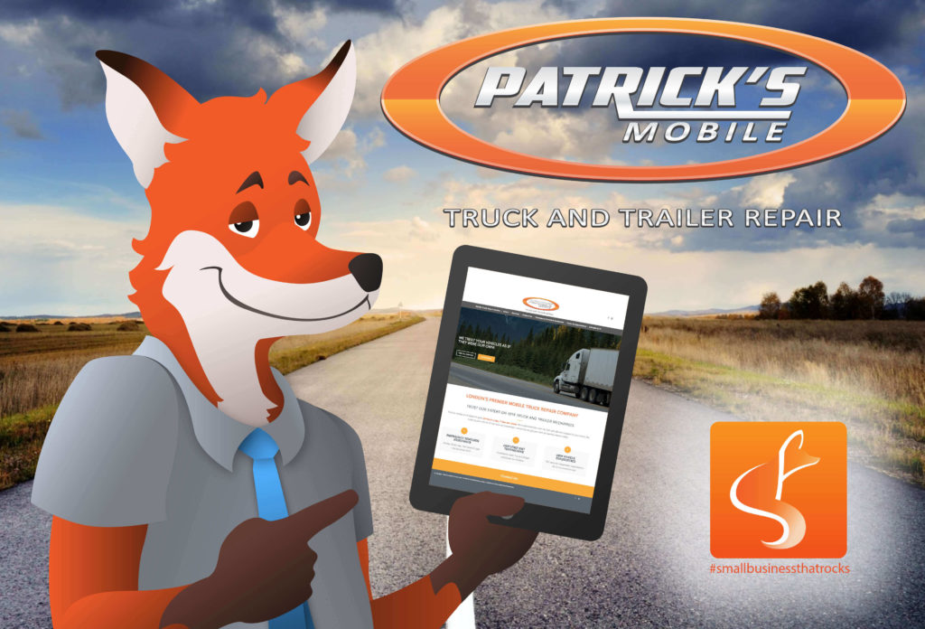 slyfox mascot holding tablet displaying patrick's website - SlyFox Web Design and Marketing