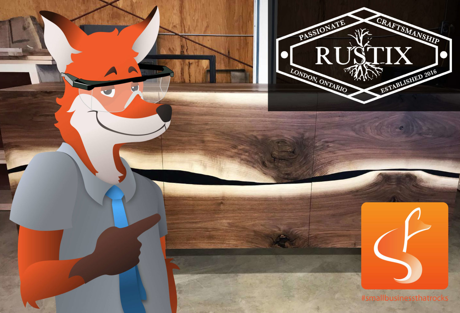 slyfox fox wearing safety goggle pointing at rustix logo - SlyFox Web Design and Marketing